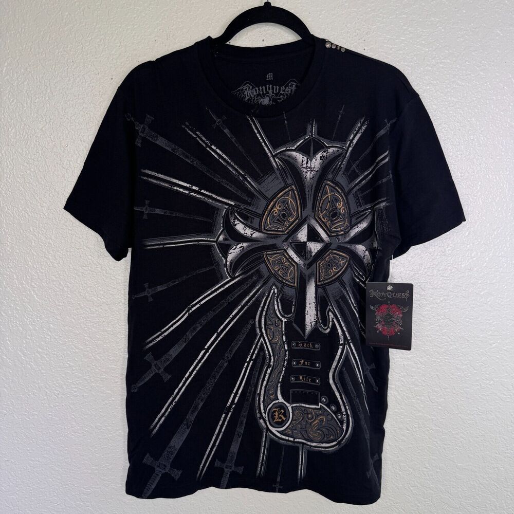 Konquest Shirt Mens Medium Guitar Cross Metallic Tee Tshirt Y2K Grunge Rock NEW